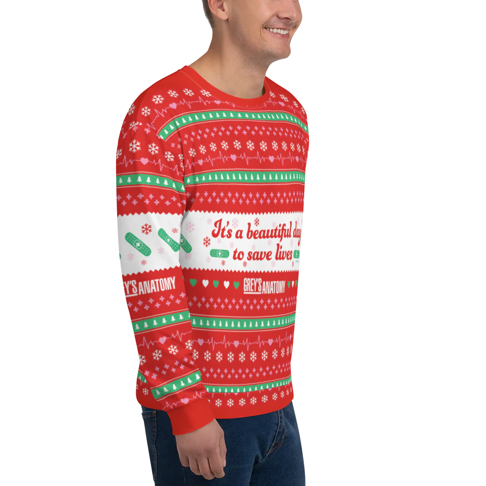 Grey's Anatomy It's A Beautiful Day to Save Lives Ugly Sweater Adult All-Over Print Sweatshirt - Image 3