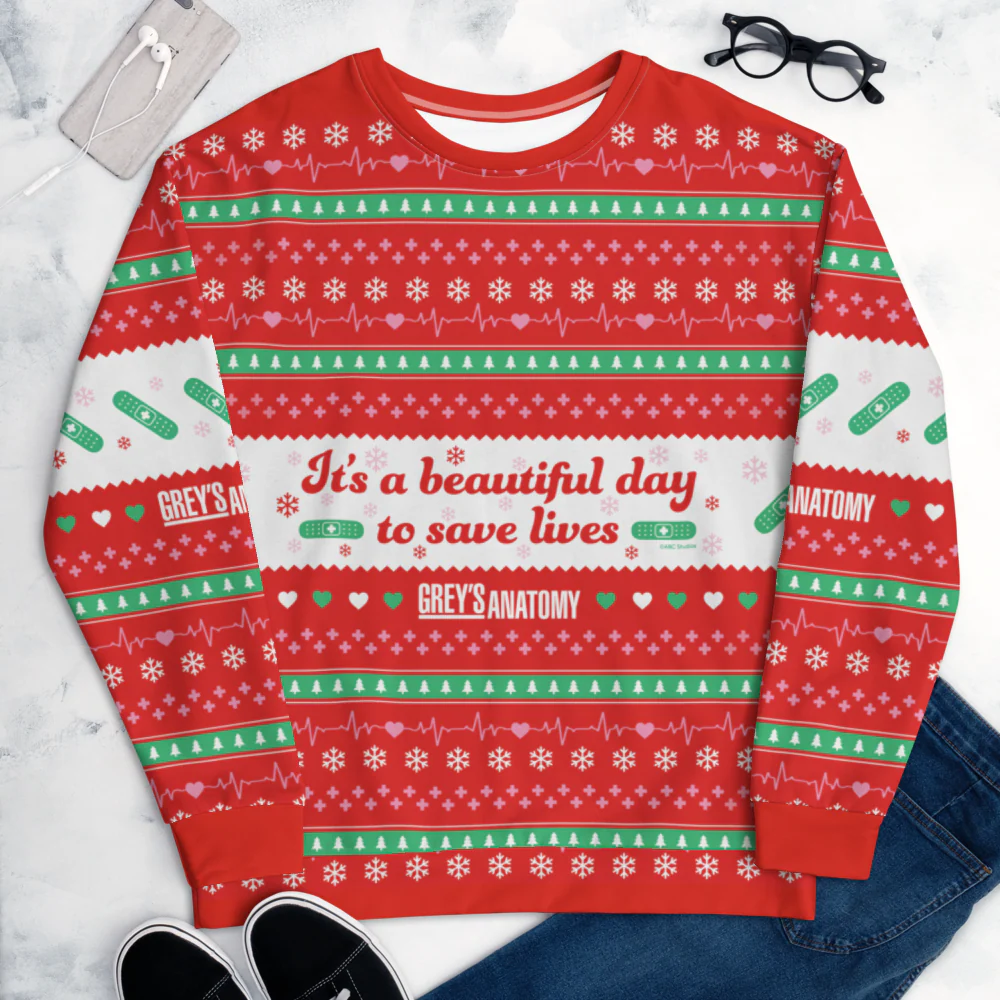 Grey's Anatomy It's A Beautiful Day to Save Lives Ugly Sweater Adult All-Over Print Sweatshirt - Image 6